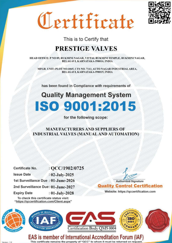 Prestige Valves ISO 9001:2015 quality management certificate